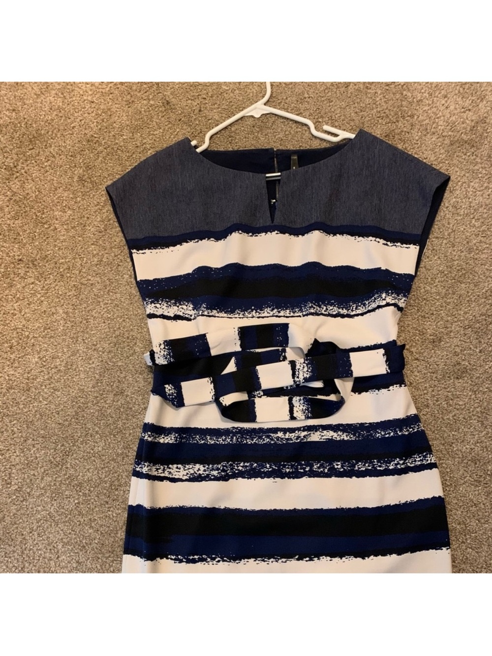 Striped Navy and White Midi Dress with Waist Belt
